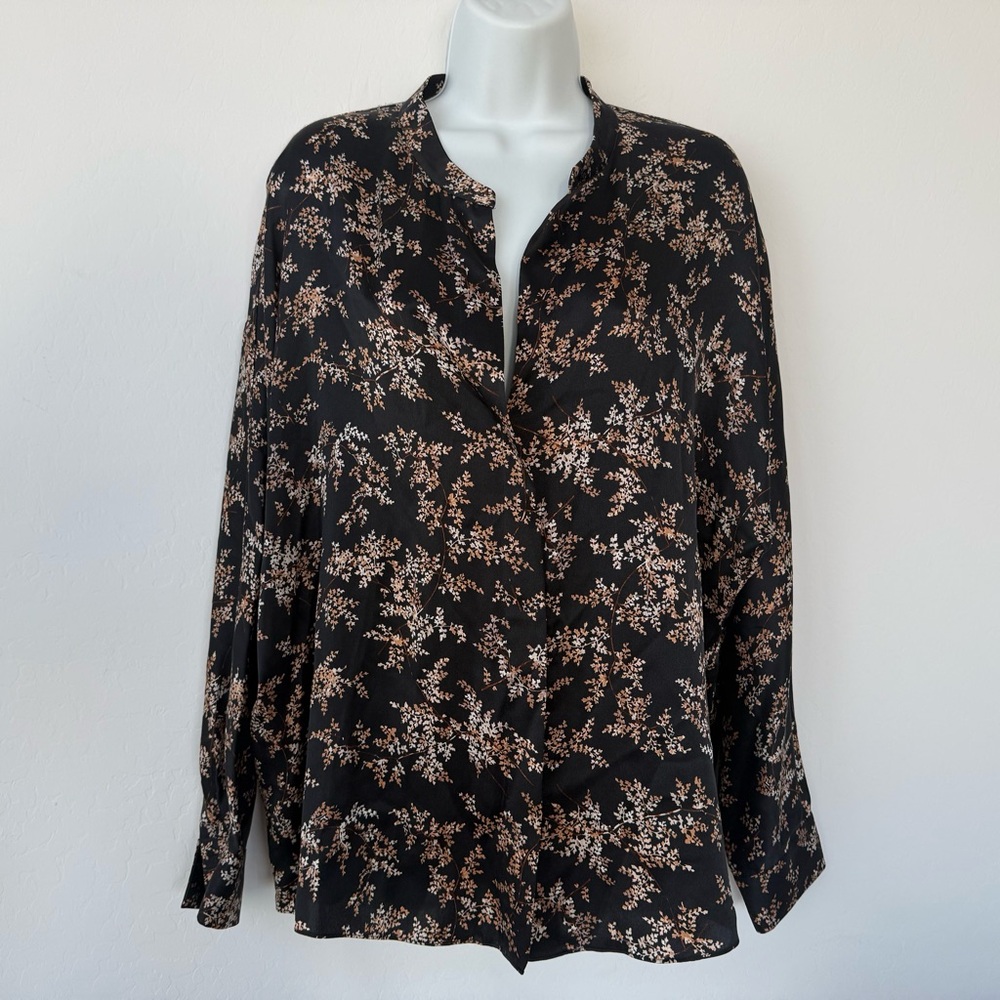 Vince Black and Brown Floral Silk Blouse